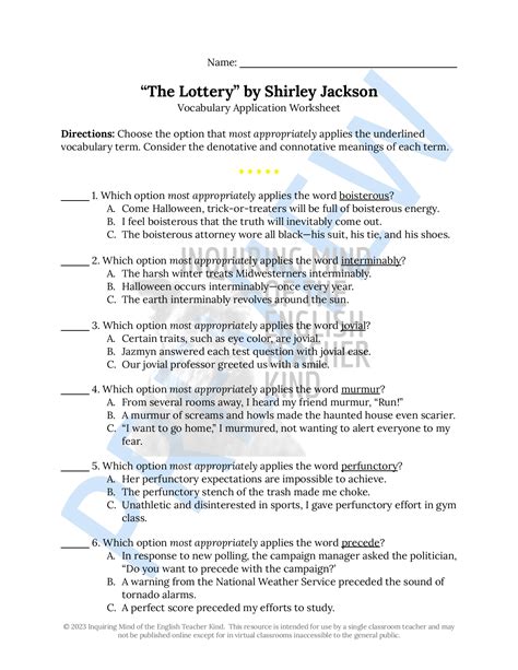 The Lottery by Shirley Jackson, Vocabulary Flashcards .